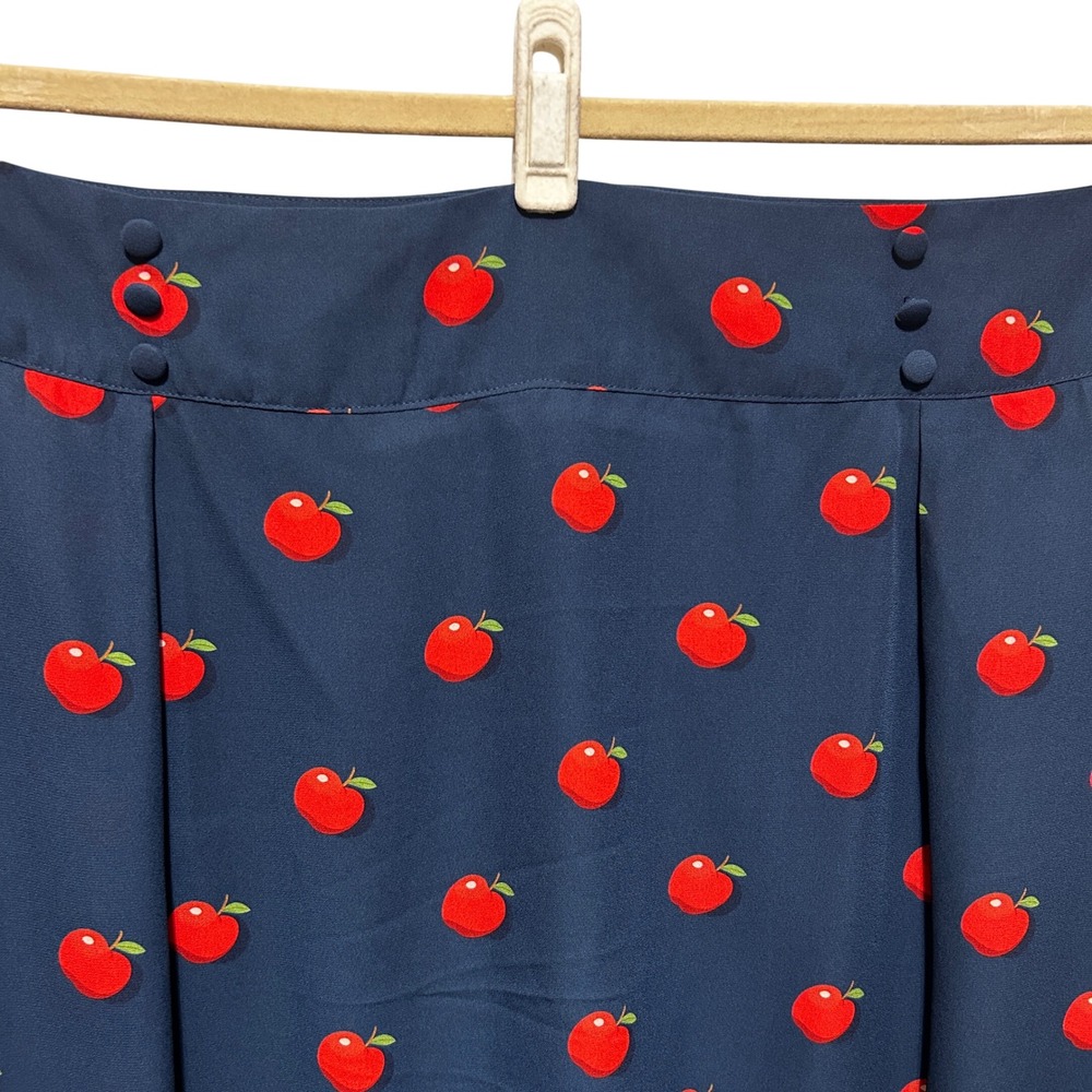 ModCloth Womens A-Line Skirt 3X Navy Blue Red Apple Print Pleated Retro Preppy - Picture 3 of 10